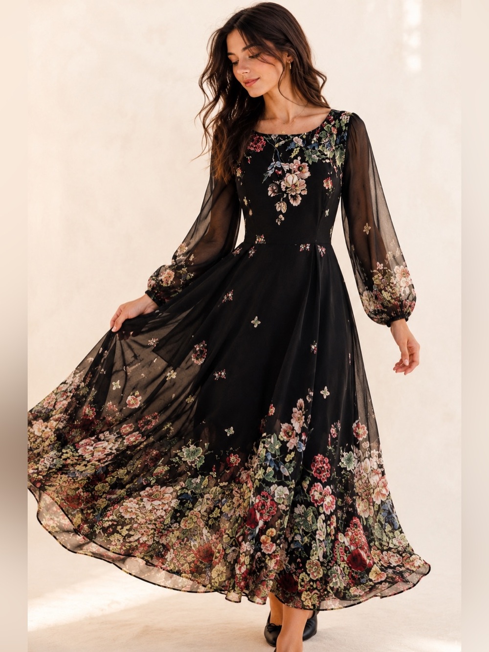 Whimsigoth Black Floral Butterfly Maxi Dress Romantic Cottagecore